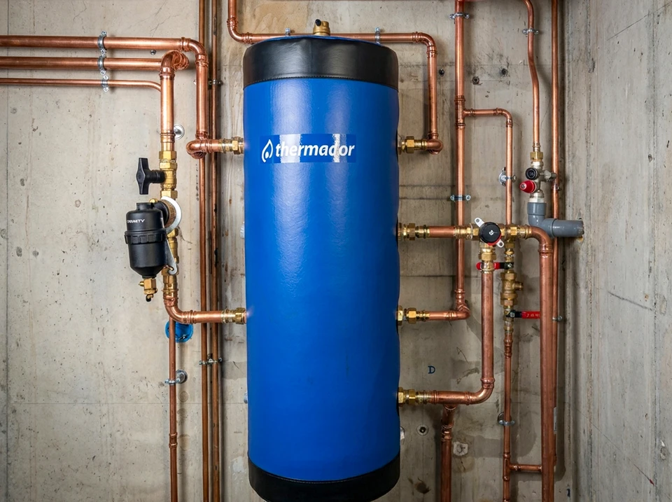 Environnement industriel avec tuyauterie métallique complexe et équipements techniques